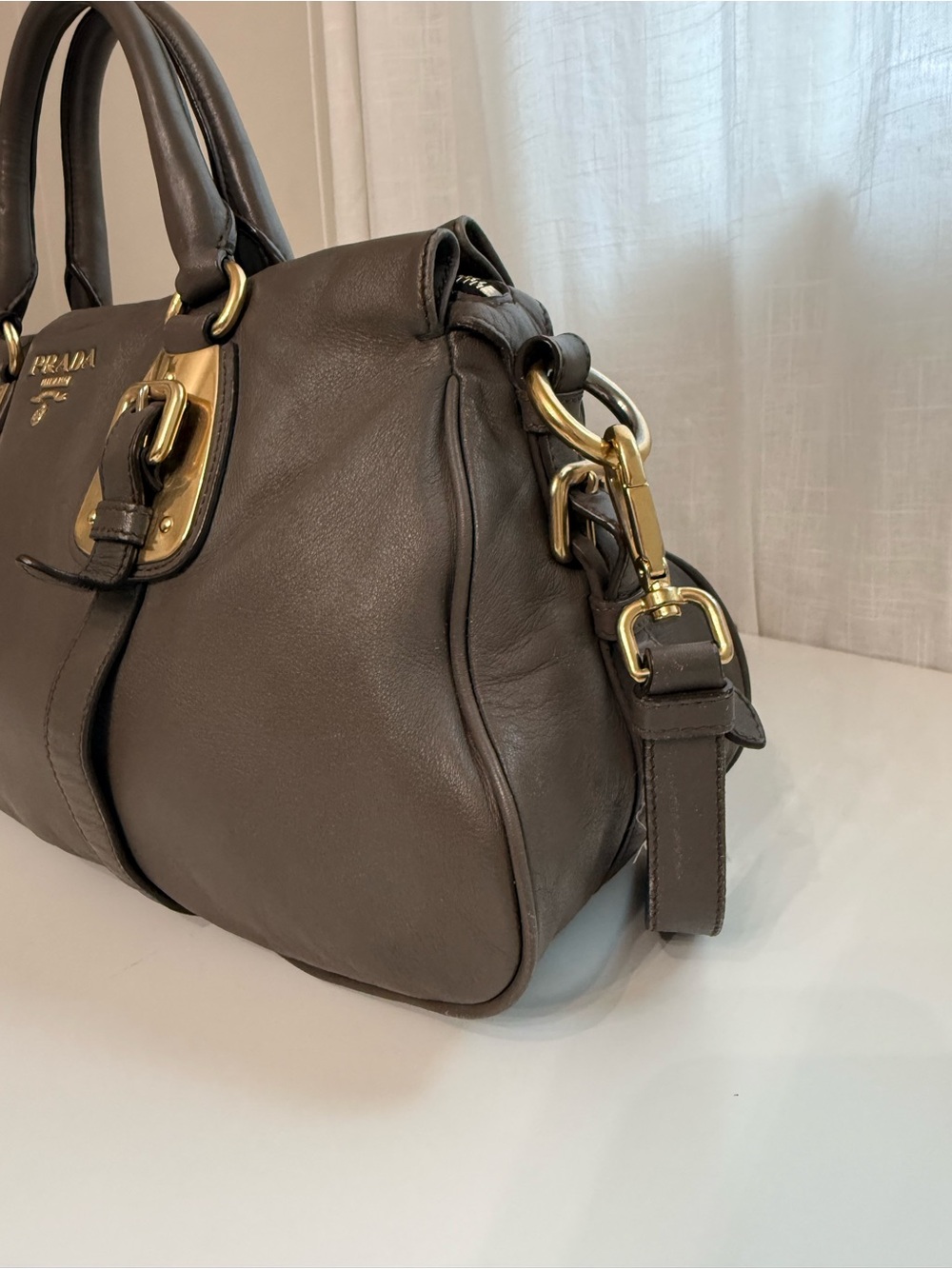Prada Taupe Gray Leather Satchel Crossbody Bag with Gold Hardware Vitello Daino - Picture 9 of 15